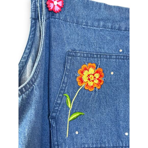 Vintage Quacker Factory Denim Jumper Dress Floral Embroidery Bee Size 12 Maxi - Picture 4 of 10